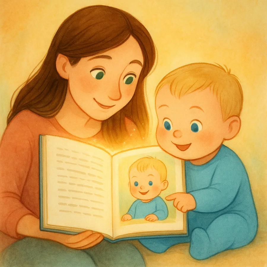 Illustration aquarelle : un parent lit à son enfant le livre personnalisé où ils sont les héros, idée cadeau Fête des Pères